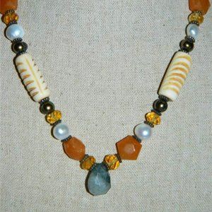 Hand Crafted Semi-Precious Beaded Stone Necklace Honey Jade,Citrine,Pearl,Jasper